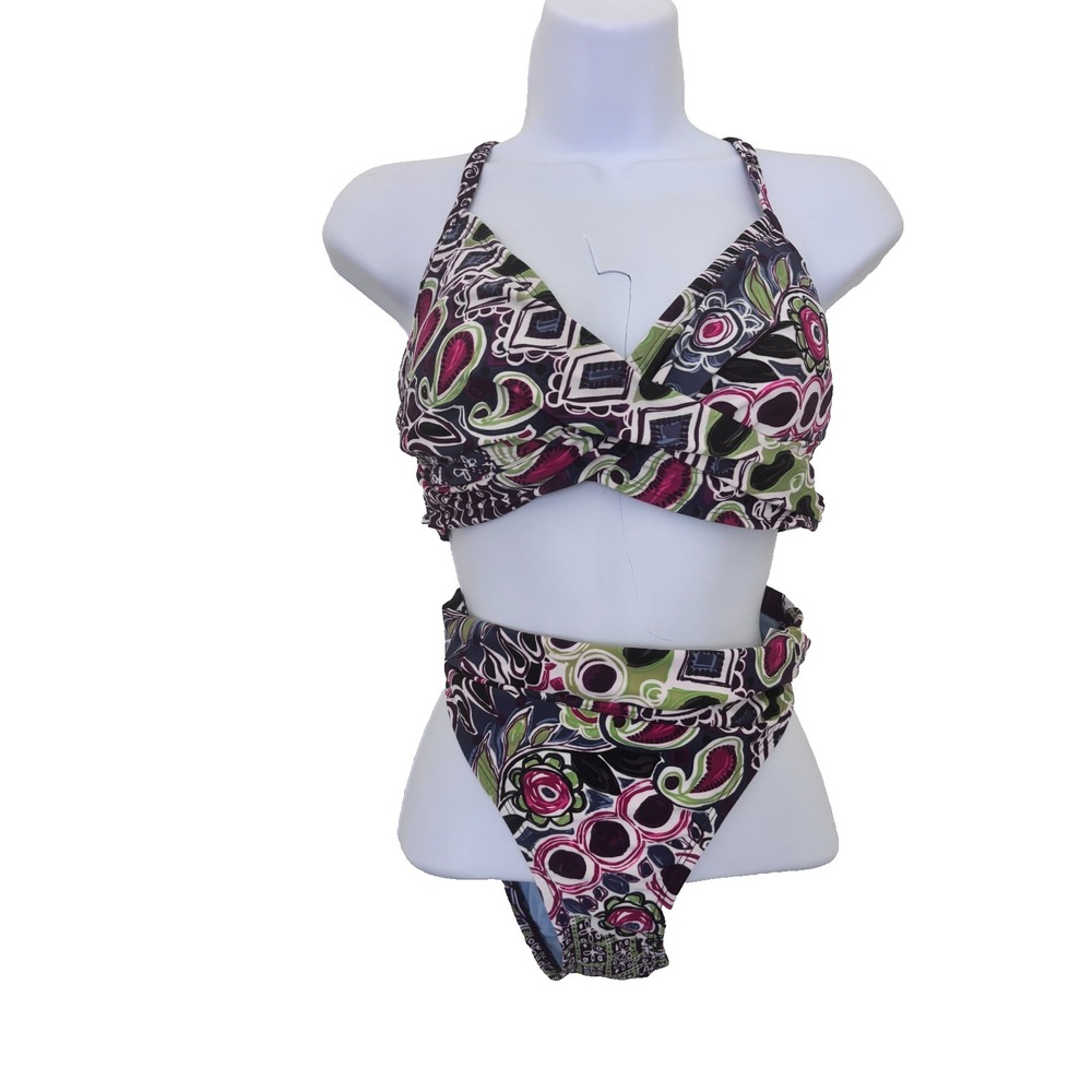 Athleta Bikini Medium 34C Pink Blue Paisley Floral Wired Twist Top Adjustable